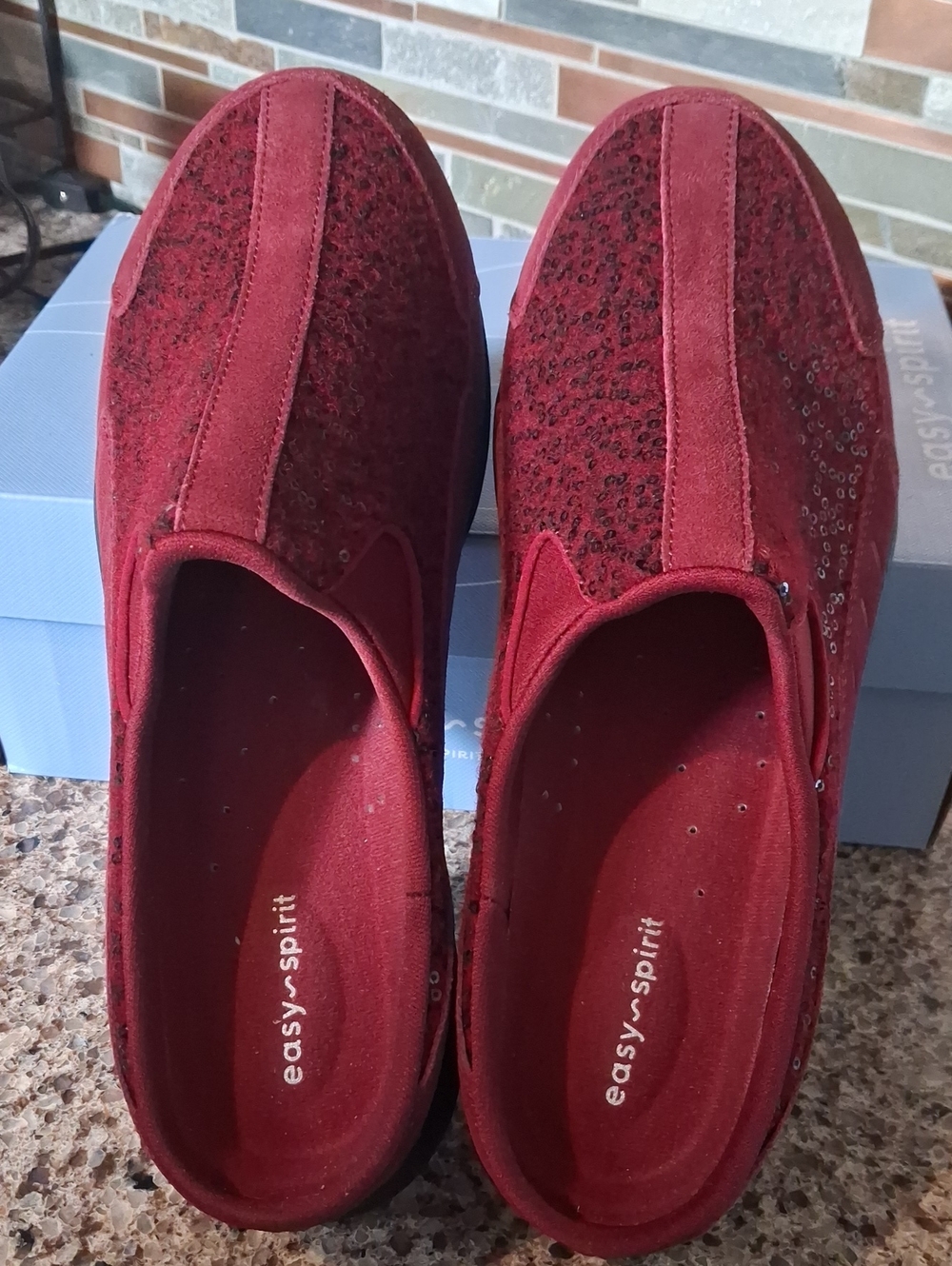 Easy Spirit Women's Burgundy Slip-On Mules with Sequin Detail
